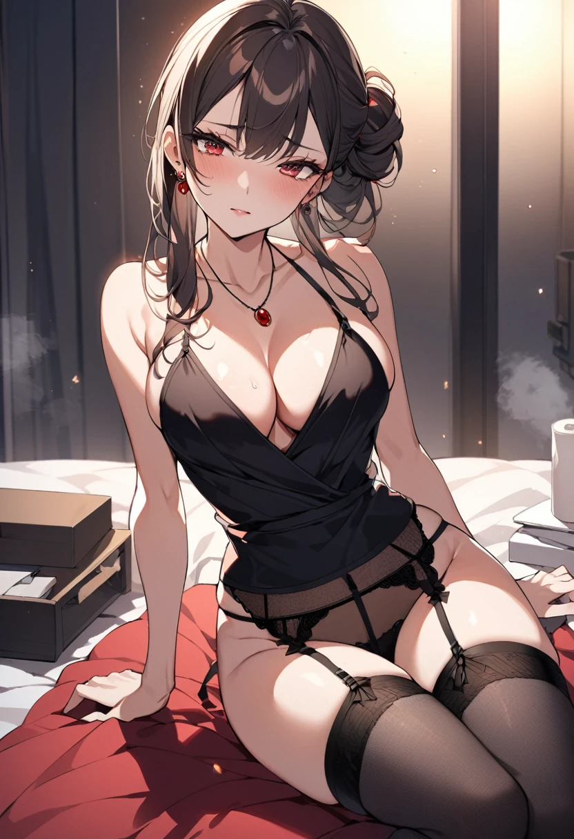 See-through sexy black and red underwear Soapland Shy and seductive look Sexy Body Clear Eyes slightly round eyes Sit on the mat office lady Japanese women Manga illustration Beautiful E Cup Breasts the body is slim Highest quality 4K Chignon Hairstyle Tied up hair Medium-long hair Light brown black hair hair ornaments necklace The background is a dimly lit bathroom. Simple Background Seductive pose garter belt Black Stockings Earrings Fine details Beautiful anime illustrations Beautiful Face alone