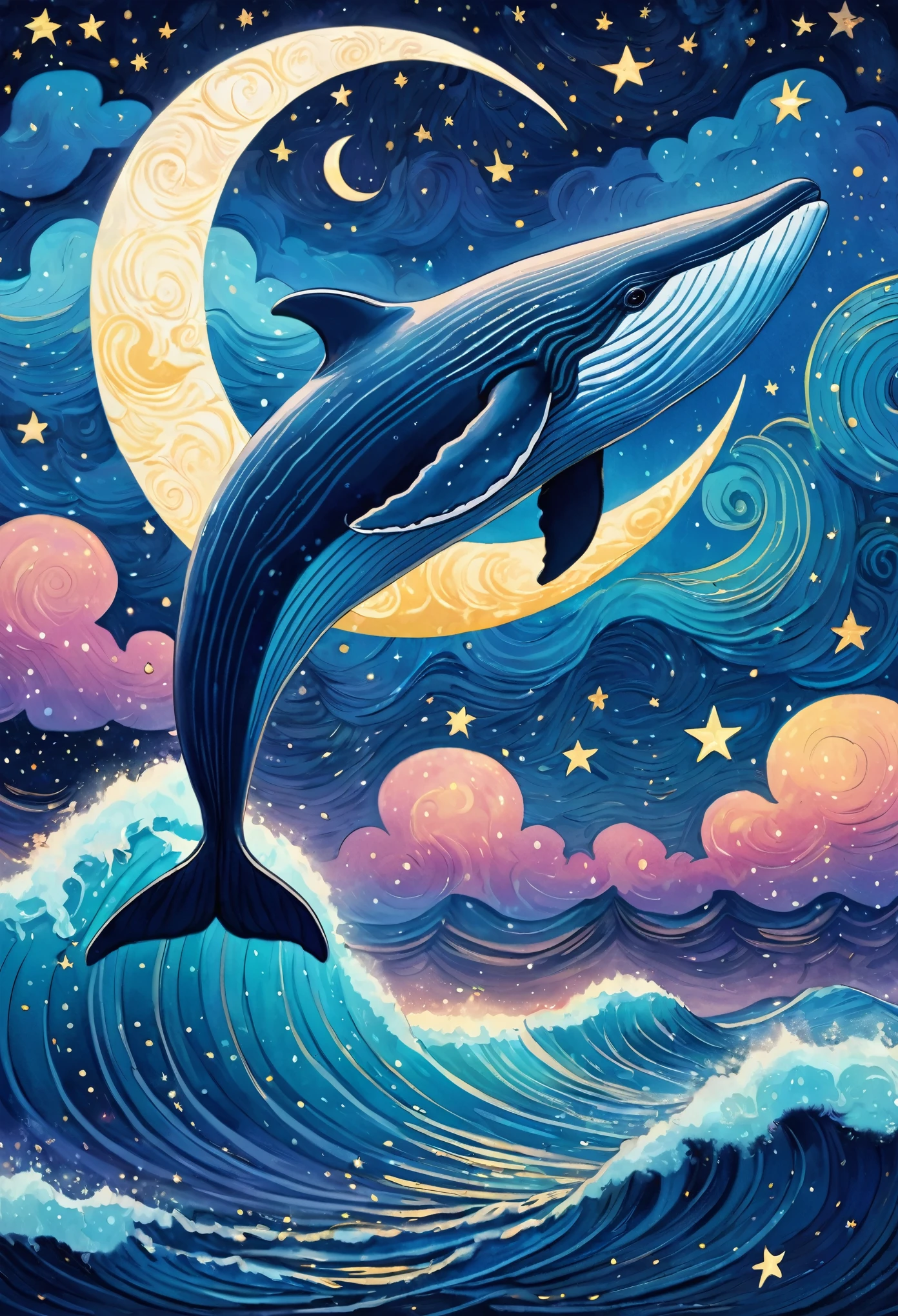 a blue whale flying in the night starry sky with crescent moon seen from afar, in the  Van Gogh  style, fairytale, storybook detailed illustration, cinematic, ultra highly detailed, mystical, luminism, vibrant colors,  