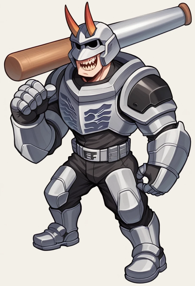 cartoon image of a man with a baseball bat and a helmet, concept art inspired by Jason Teraoka, deviantart, mingei, in the art style of quetzecoatl, newgrounds, chibi, wario as the armored titan, chainsaw man, 2 d sprite, videogame sprite, monstergirl, oni horns, sprite 2 d, demon