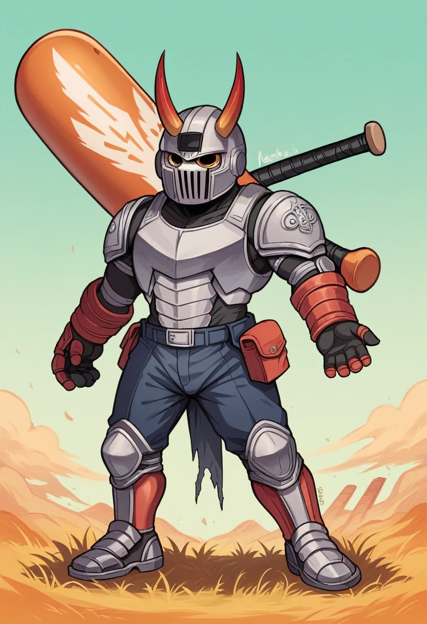 cartoon image of a man with a baseball bat and a helmet, concept art inspired by Jason Teraoka, deviantart, mingei, in the art style of quetzecoatl, newgrounds, chibi, wario as the armored titan, chainsaw man, 2 d sprite, videogame sprite, monstergirl, oni horns, sprite 2 d, demon