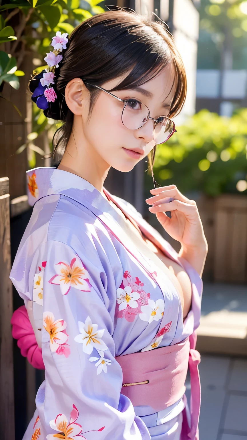 (masterpiece, Highest quality:1.4), Beautiful Face, 8k, 85mm, Absurd, (Floral Yukata:1.1), Face close-up, violet, Gardenia, Delicate girl, alone, night, View your audience, Upper Body, Film Grain, chromatic aberration, Sharp focus, Face Light, Professional Lighting, Sophisticated, (smile:0.4), (Simple Background, Bokeh Background:1.2), detailed aspects,(Show one breast:1.2)((Very young and immature & Very few & Very flat chest:1.2),(Pink fashion glasses,1),(Showing ???? from behind:1),(time々々???? licking:1),(((She takes off her yukata and shows off her ????????????:1.2))),