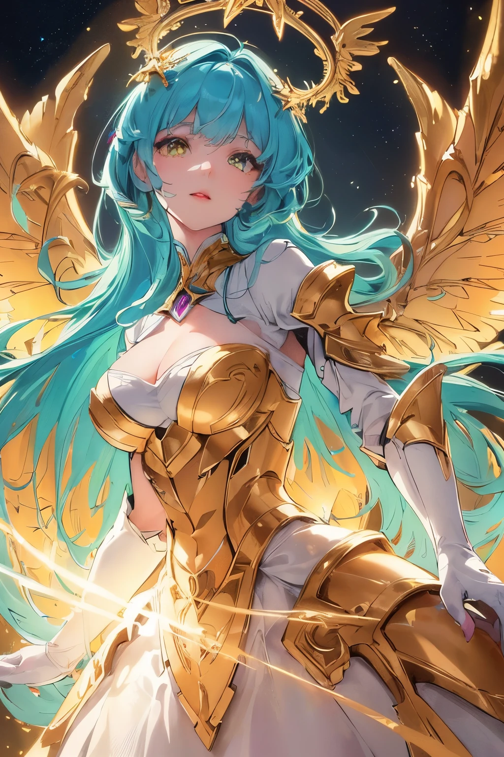 A woman with blue hair and wings in a white dress - SeaArt AI