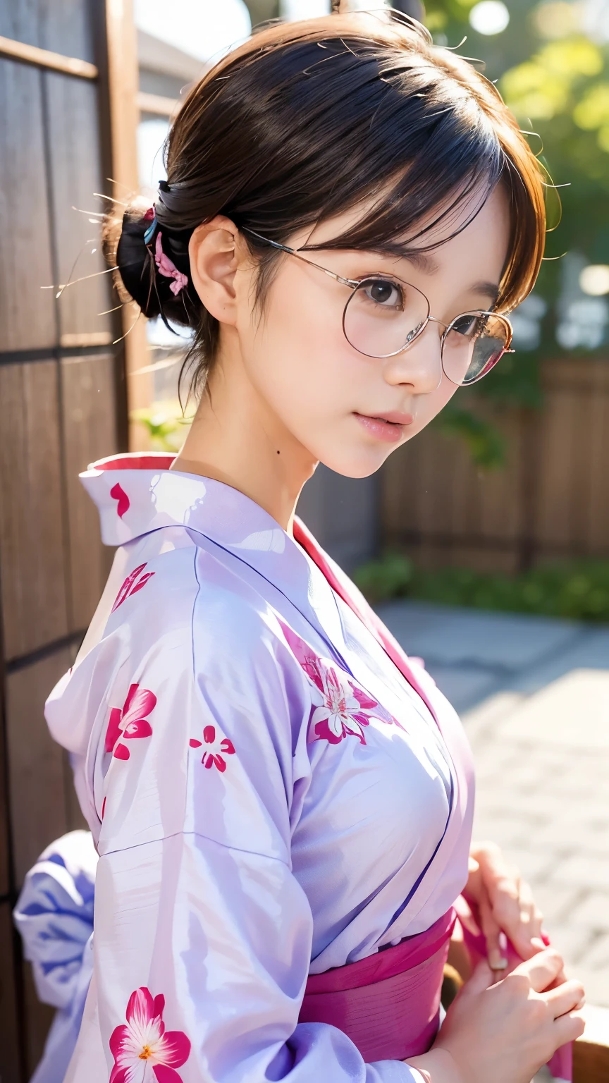 (masterpiece, Highest quality:1.4), Beautiful Face, 8k, 85mm, Absurd, (Floral Yukata:1.1), Face close-up, violet, Gardenia, Delicate girl, alone, night, View your audience, Upper Body, Film Grain, chromatic aberration, Sharp focus, Face Light, Professional Lighting, Sophisticated, (smile:0.4), (Simple Background, Bokeh Background:1.2), detailed aspects,(Show one breast:1.2)((Very young and immature & Very few & Very flat chest:1.2),(Pink fashion glasses,1),(Showing anus from behind:1),(time々々Anal licking:1),(((She takes off her yukata and shows off her shaved pussy:1.2))),