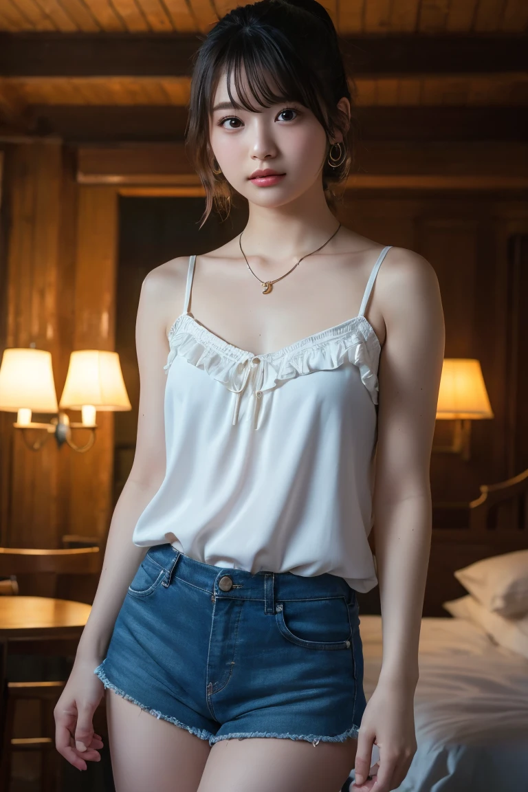 (Highest quality:1.4)，(masterpiece:1.4)，(Realistic:1.4)，(Realistic:1.2)，(超High resolution， RAW Photos:1.4)，(High resolution， Ultra-detailed:1.2)，(8k:1.2)，View your viewers，Cinematic photography，One girl，skeletally correct，Black-haired woman，(Small earrings，necklace，ponytail，Frilled Cami，Shorts)，（Western-style building interior，Dimly lit room，The lamplight shines on my cheeks）