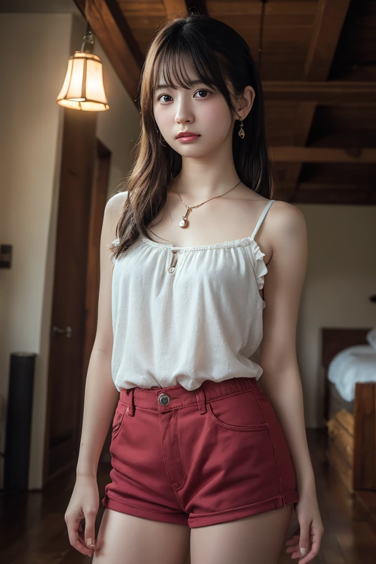 (Highest quality:1.4),(masterpiece:1.4),(Realistic:1.4),(Realistic:1.2),(超High resolution, RAW Photos:1.4),(High resolution, Ultra-detailed:1.2),(8k:1.2),View your viewers,Cinematic photography,One girl,skeletally correct,Black-haired woman,(Small earrings,necklace,ponytail,Frilled Cami,Shorts),(Western-style building interior,Dimly lit room,The lamplight shines on my cheeks)