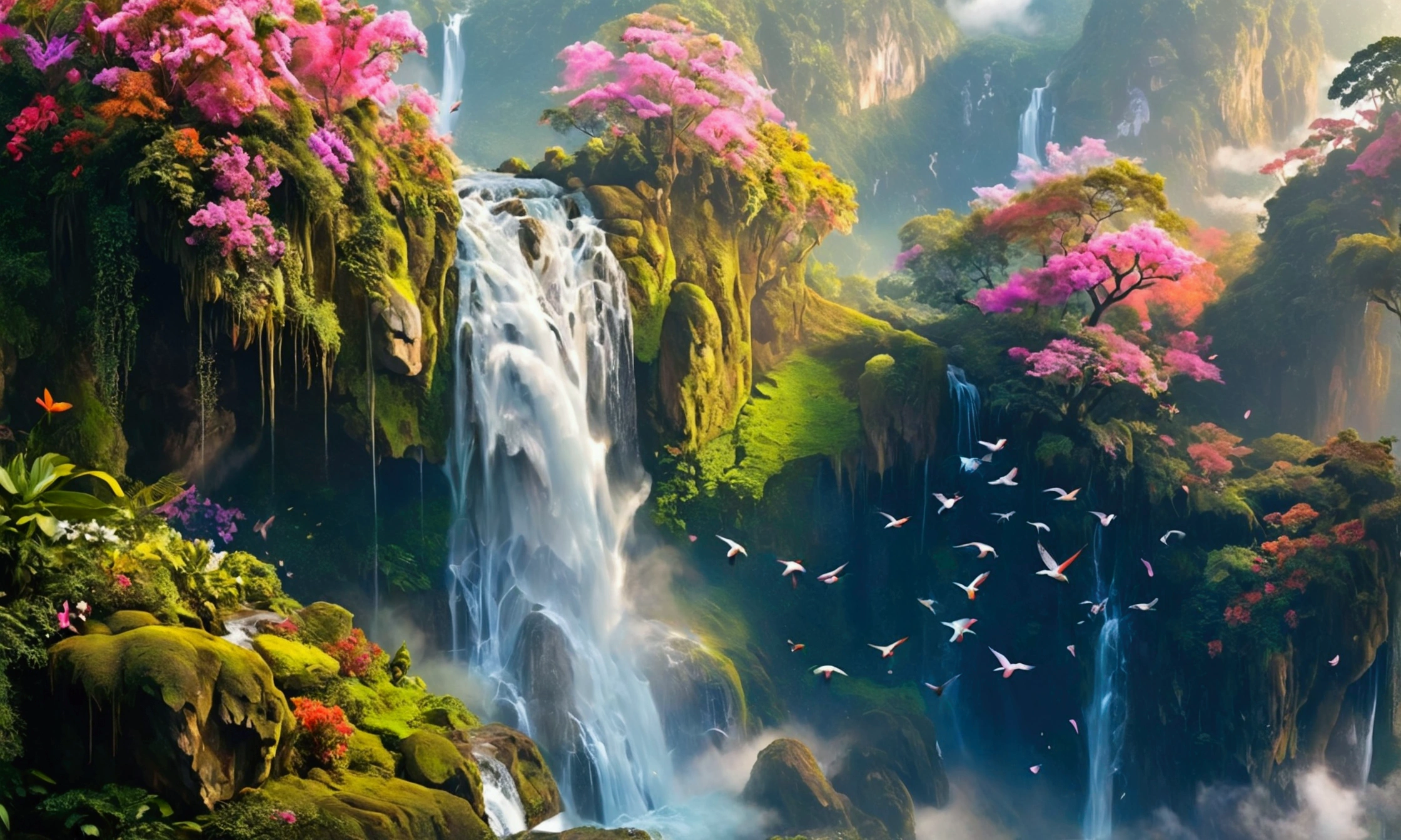depicts a serene thác nước waterfall cascading down moss-covered rocks, surrounded by lush greenery and vibrant tropical flowers, as a flock of chim cò birds soar freely above the clouds, filling the sky with a kaleidoscope of colors, from gentle pinks and oranges to radiant blues and emerald greens, evoking a sense of tranquility and balance, with intricate brushstrokes and delicate textures, inviting the viewer to step into a world of serenity and harmony