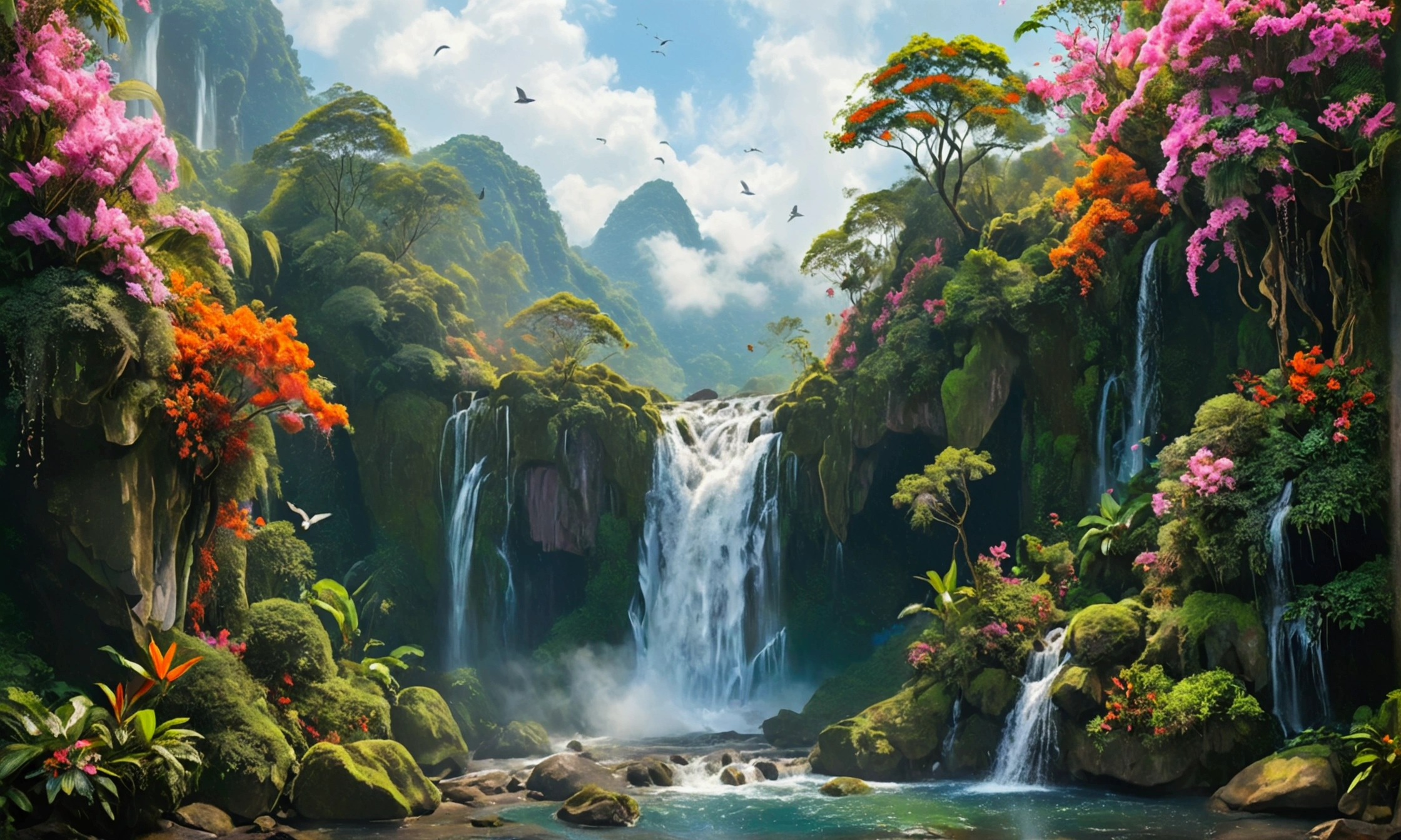  depicts a serene thác nước waterfall cascading down moss-covered rocks, surrounded by lush greenery and vibrant tropical flowers, as a flock of chim cò birds soar freely above the clouds, filling the sky with a kaleidoscope of colors, from gentle pinks and oranges to radiant blues and emerald greens, evoking a sense of tranquility and balance, with intricate brushstrokes and delicate textures, inviting the viewer to step into a world of serenity and harmony