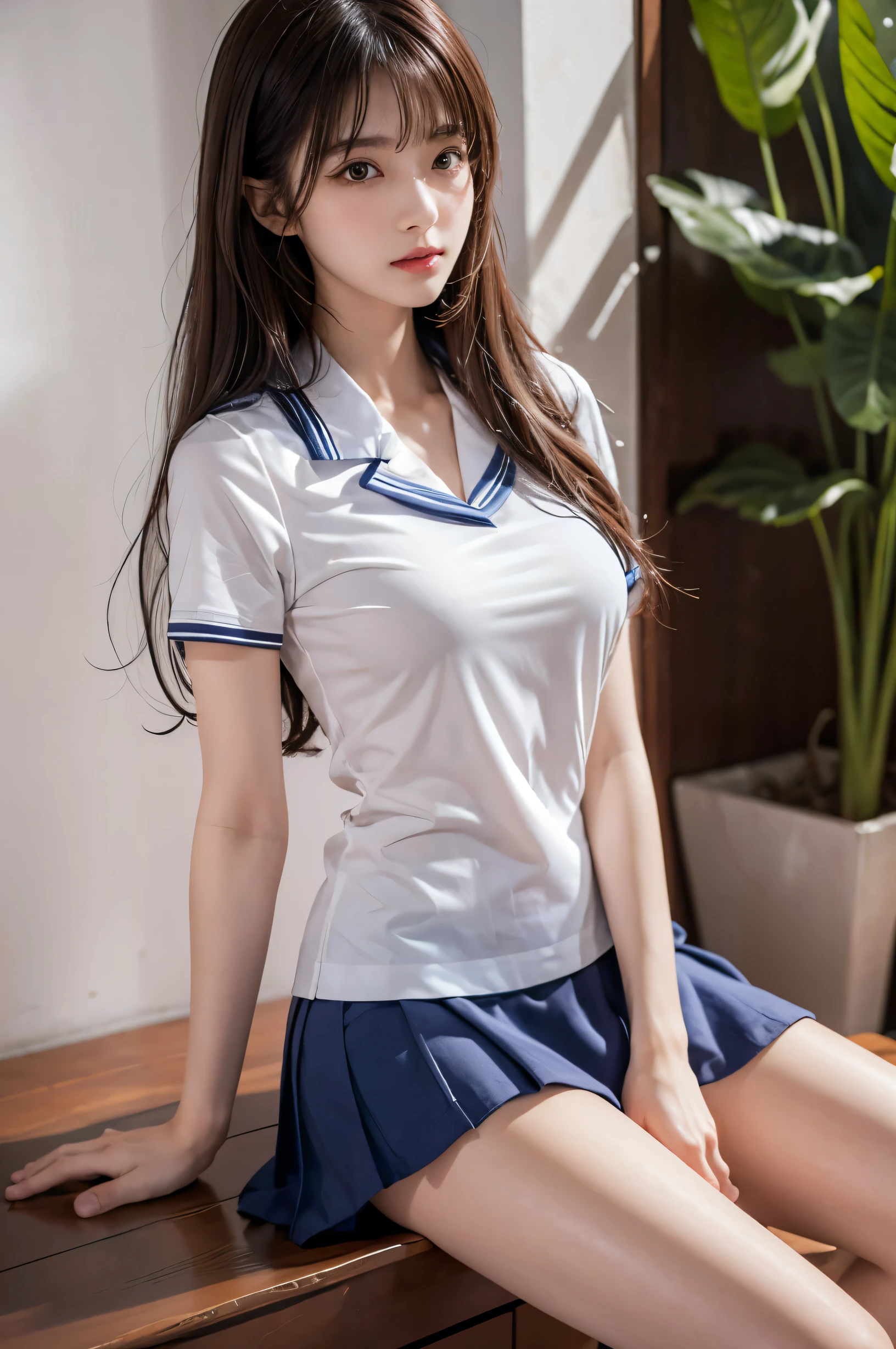 (ultra HD), (Sailor suit, White short sleeve shirt, Navy blue mini skirt, Tight fit), Big Breasts, Slender, whole body, (Clean and shiny skin, Whitening, No makeup), (超Slenderな顔立ち, Super beautiful face, Delicate face), (long hair, Layered Cut, Fluffy hair,light brown), (Patchy double eyelids, Slanted Eyes), Small Nose, Thin lips, Thin legs