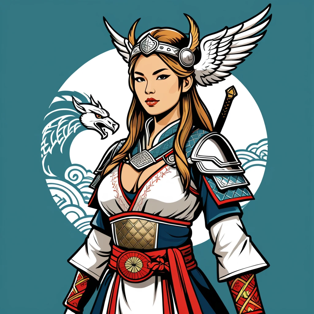 viking valkyrie in japanese folk outfit, vector graphics, strong contours