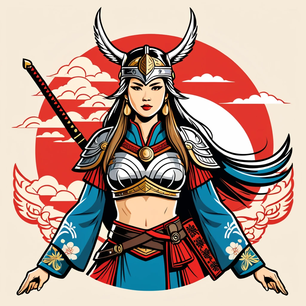 viking valkyrie in japanese folk outfit, vector graphics, strong contours