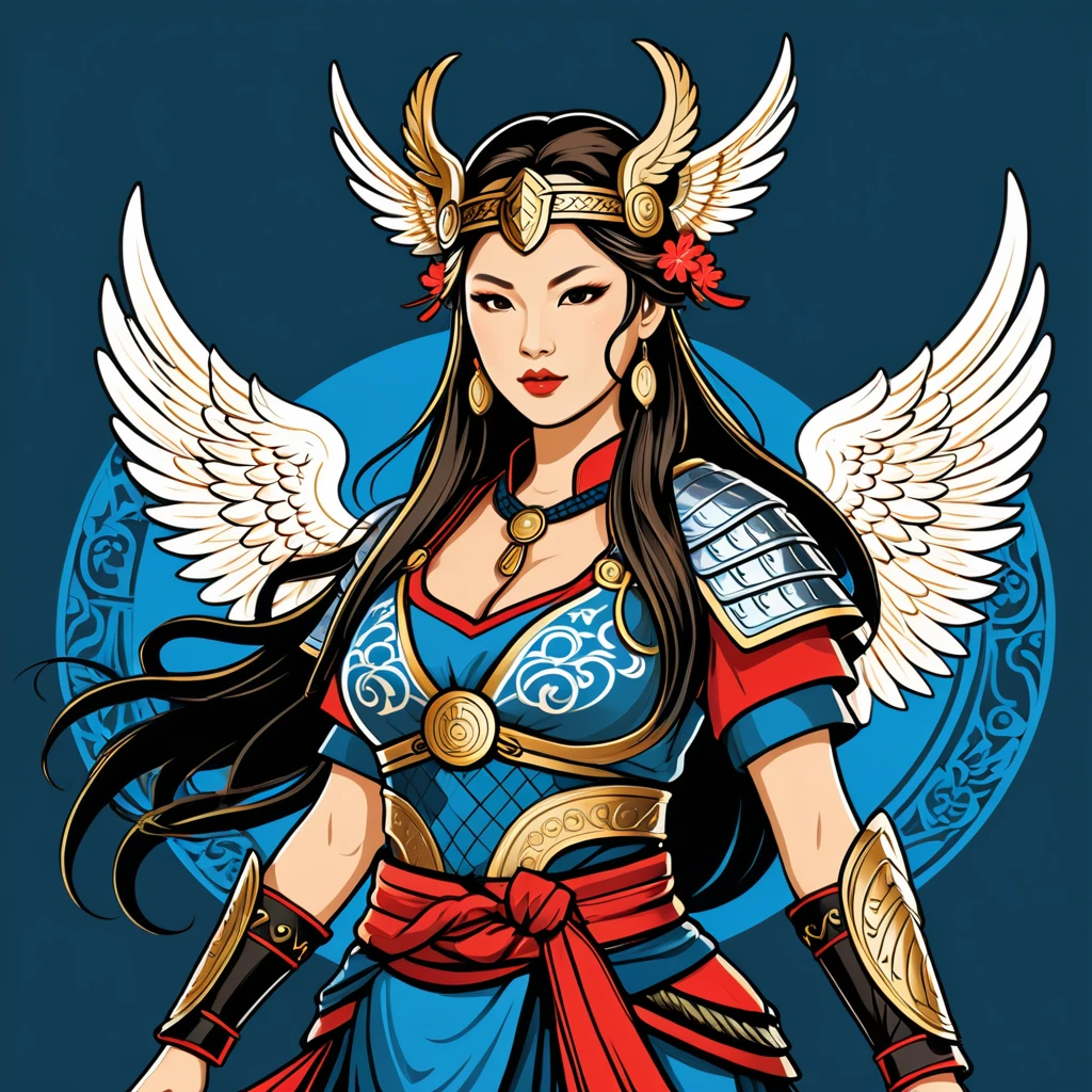 viking valkyrie in japanese folk outfit, vector graphics, strong contours
