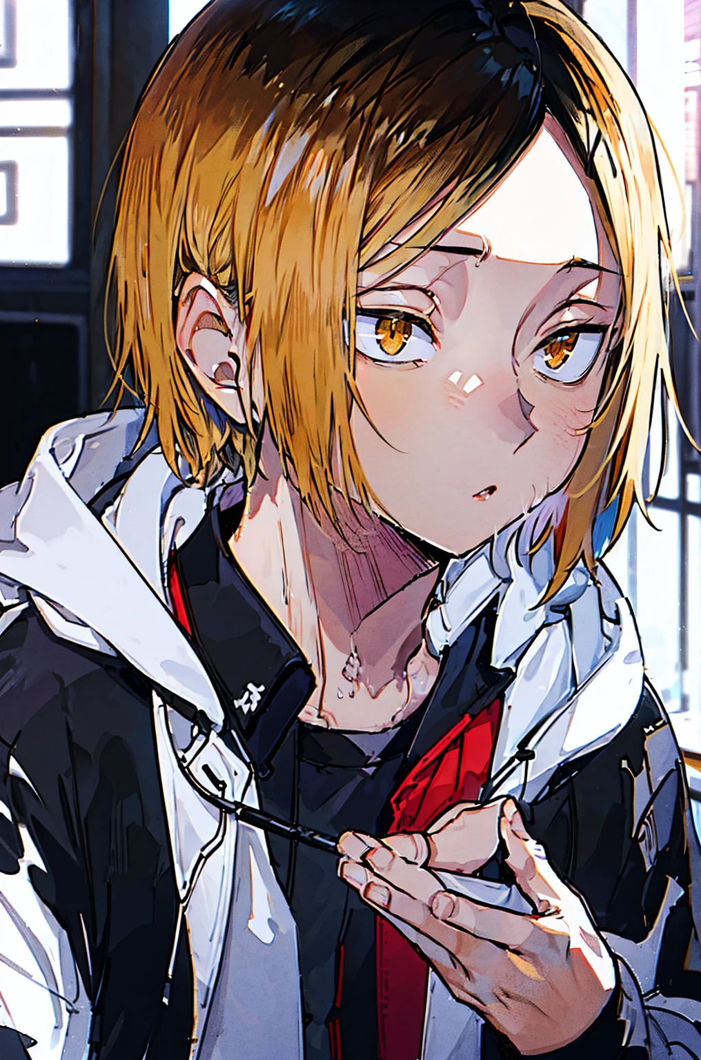 8K,high resolution,absurd,masterpiece,best quality,Original,Extremely detailed CG,Extremely detailed wallpaper,Perfect lighting,1 girl,Fuzzy_background，
(hutaodef:1.2),black h在 with h在 ,Regular clothing，white 背，
Kenma Kozume
