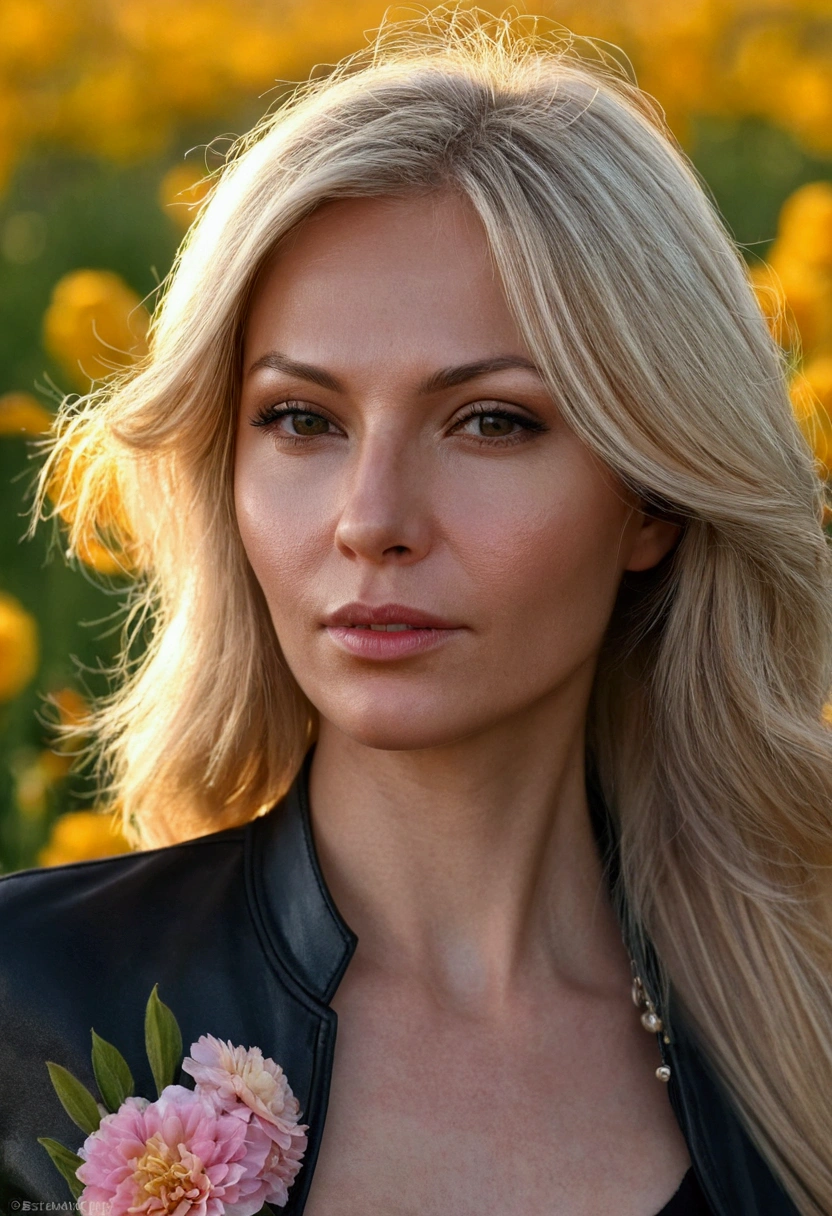 Un gros plan du visage des femmes Elena, A pretty 35 year old Russian woman in a photorealistic style, une femme blonde aux cheveux longs en pantalon en cuir noir et un haut noir dans un champ de fleurs de printemps au coucher du soleil