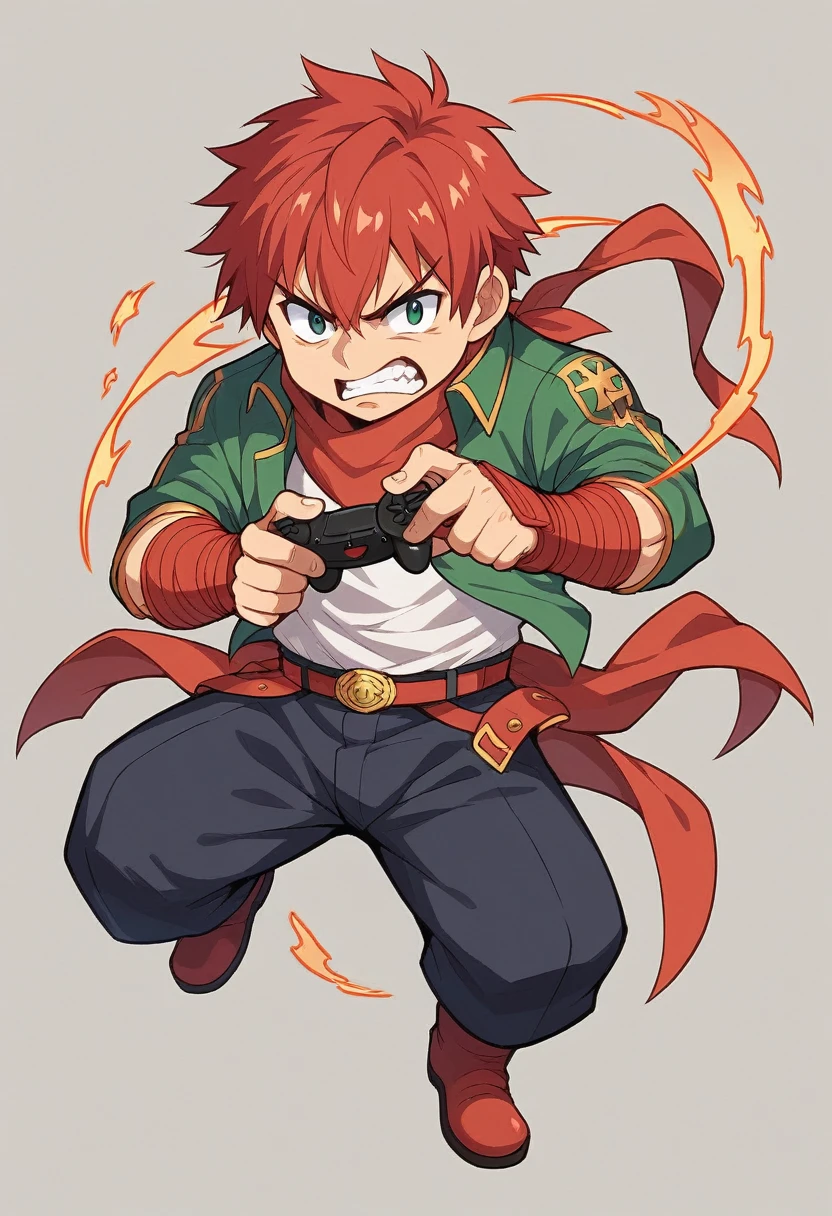 cartoon boy with red hair and a red bandanna holding a video game controller, chibi, fighting game character, inspired by Akihiko Yoshida, akihiko yoshida!, rpg character avatar, video game avatar, inspired by Takehisa Yumeji, hero 2 d fanart artsation, videogame character, cartoon artstyle, angry character wielding a sword