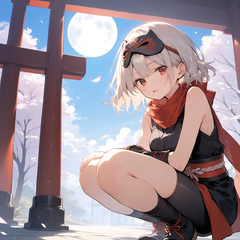 score_9, score_8_up, score_7_up, source_anime, best quality, masterpiece, official art, absurdres, highres, ultra-detailed,waifu2x,Collection: Slice of Life,break,1girl, ninja, noh mask, short hair, breasts, beautiful detailed eyes, bike shorts, scarf, sweat, open mouth, expressionless, ninja stance, hold kunai, outdoors, torii, night, moon, wind,break,(clear line illustration:1.2), super detailed skin,very high resolution, very aesthetic, Best sexual lighting powered by famous artist, 8k,cute picture,beauty illustration,photoshop_(medium),,(Detailed Lighting),best anime 8k konachan wallpaper, pixiv contest winner,