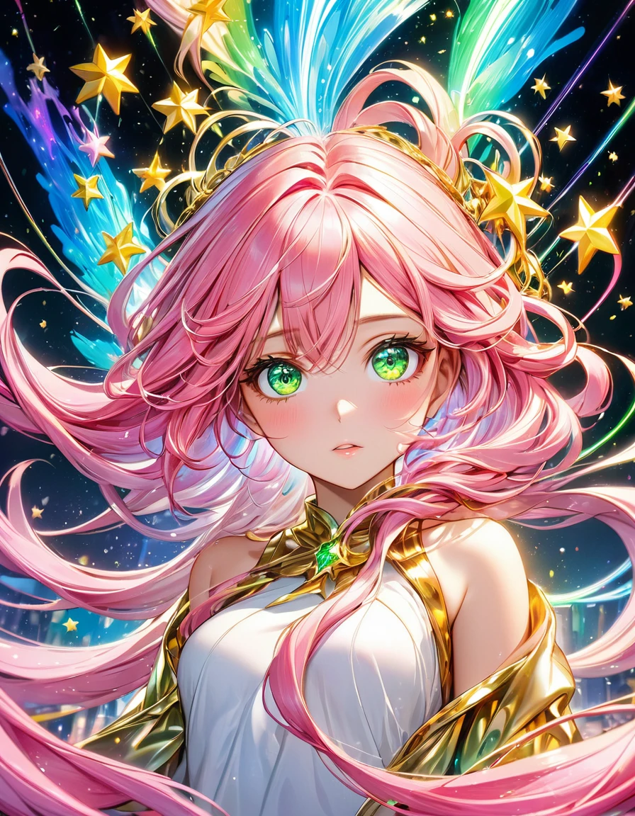 In a mesmerizing cascade of color and light, an enchanting anime girl sexy hot all golden stars candroites viewers with her ethereal beauty. Her delicate features are framed by cascading locks of shimmering long  pink neon hair, her wide, expressive eyes big Green radiating with emotion. A digital painting brings this stunning character to life, depicting her in intricate detail with a seamless blend of realism and fantasy. Every brushstroke and pixel showcases the artist's skill and dedication, making this image a