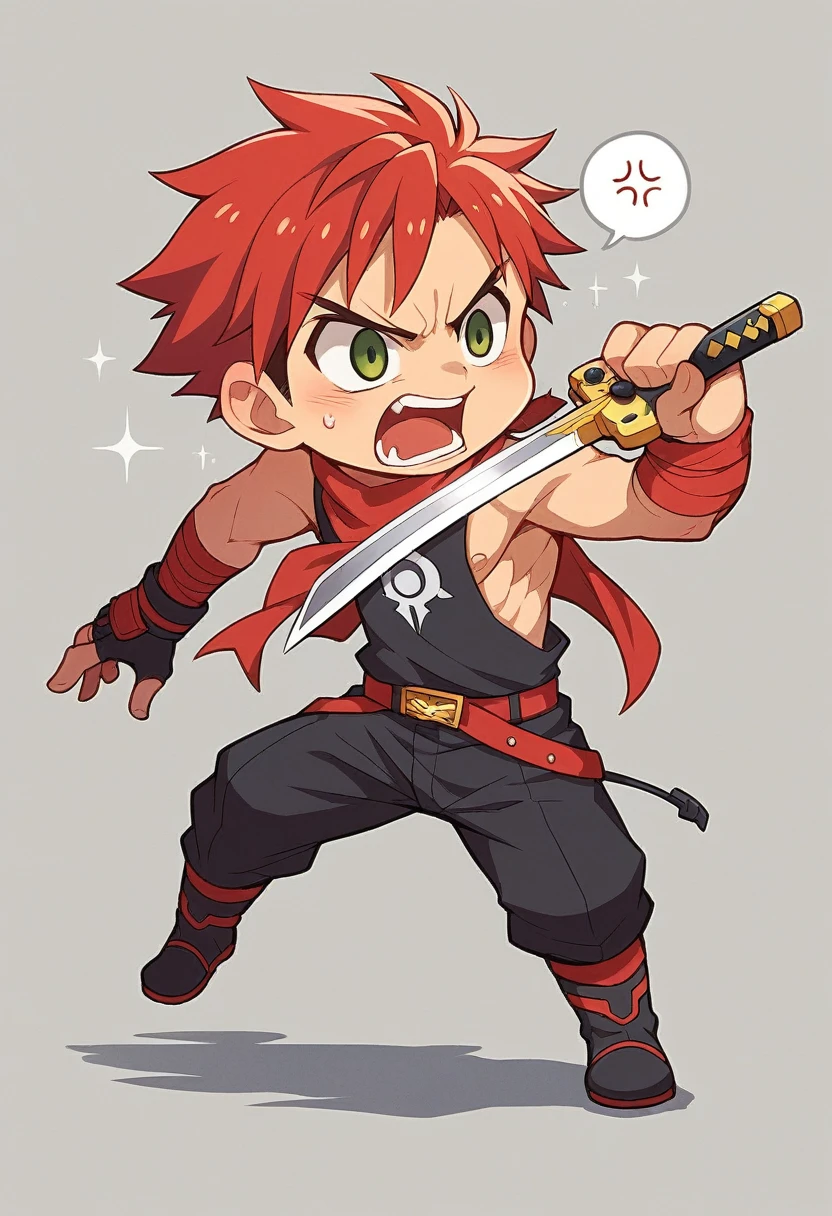 cartoon boy with red hair and a red bandanna holding a video game controller, a character portrait inspired by Akihiko Yoshida, deviantart, mingei, chibi, fighting game character, akihiko yoshida!, rpg character avatar, video game avatar, hero 2 d fanart artsation, videogame character, cartoon artstyle, angry character wielding a sword