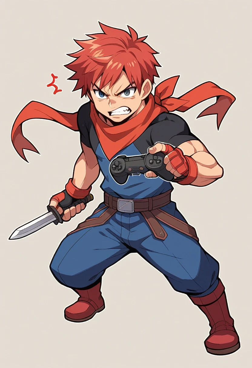 cartoon boy with red hair and a red bandanna holding a video game controller, a character portrait inspired by Akihiko Yoshida, deviantart, mingei, chibi, fighting game character, akihiko yoshida!, rpg character avatar, video game avatar, hero 2 d fanart artsation, videogame character, cartoon artstyle, angry character wielding a sword