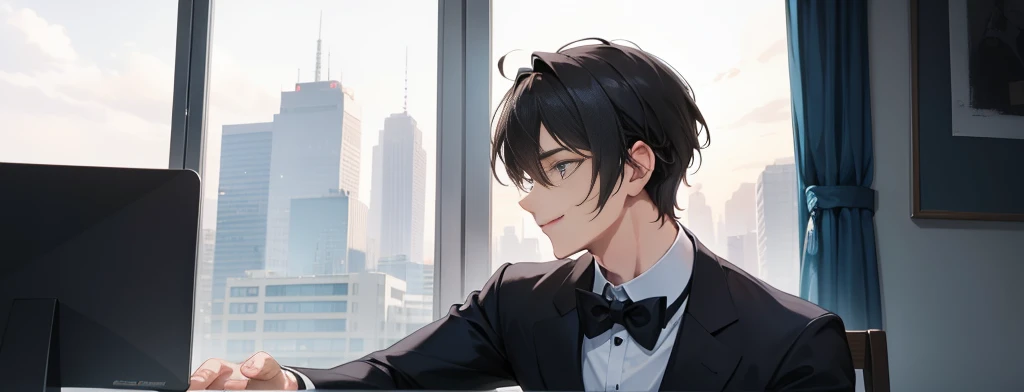 A side profile of a very handsome young man, handsome smile, close to camera
