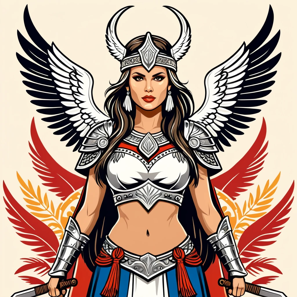 viking valkyrie in cubanese folk outfit, vector graphics, strong contours