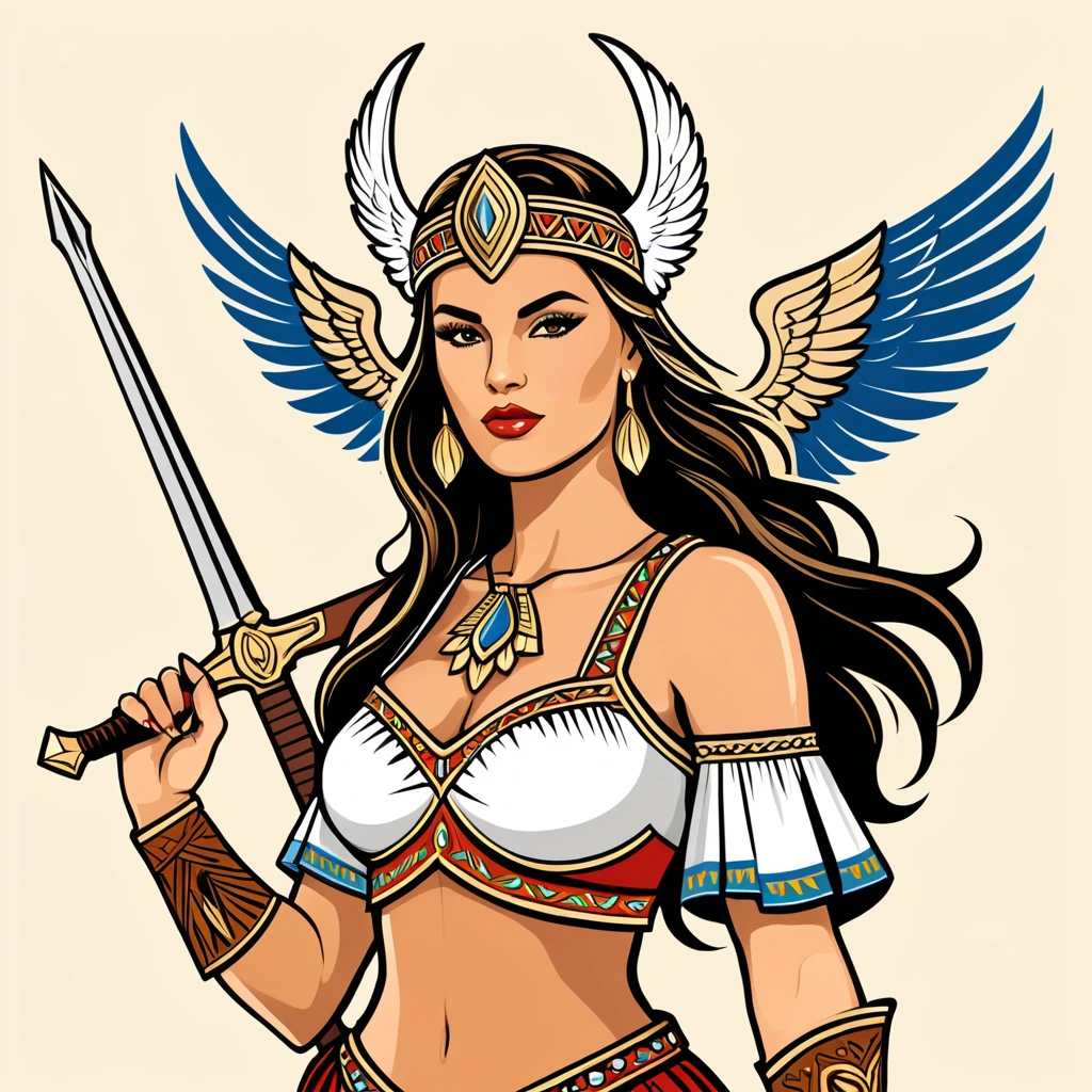 viking valkyrie in cubanese folk outfit, vector graphics, strong contours
