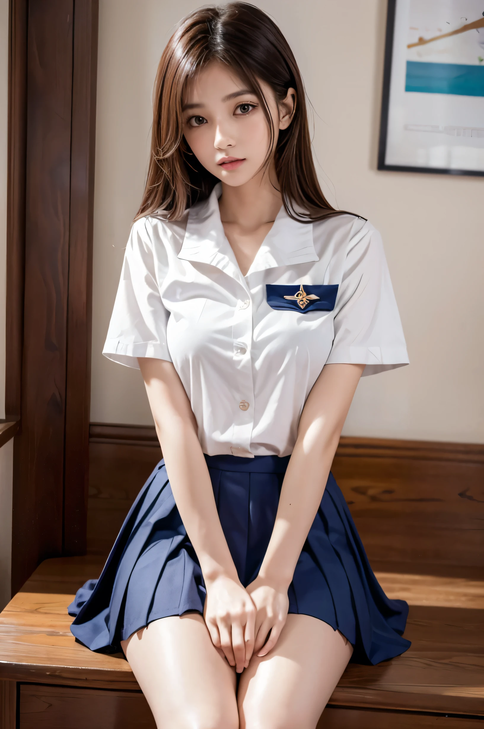 (ultra HD), (Sailor suit, White short sleeve shirt, Navy blue mini skirt, Tight fit), Big Breasts, Slender, whole body, (Clean and shiny skin, Whitening, No makeup), (超Slenderな顔立ち, Super beautiful face, Delicate face), (long hair, Layered Cut, Fluffy hair,light brown), (Patchy double eyelids, Slanted Eyes), Small Nose, Thin lips, Thin legs