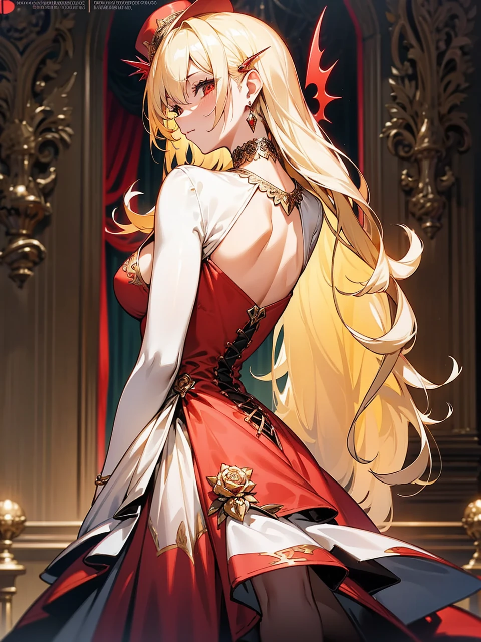 Add in roses to her dress, a good back dress design with some golden jewelry, make her dress into a red and white gown with a hat, give her some unique Jewelry, and make her look somewhat of a demonic angel like appearance to her