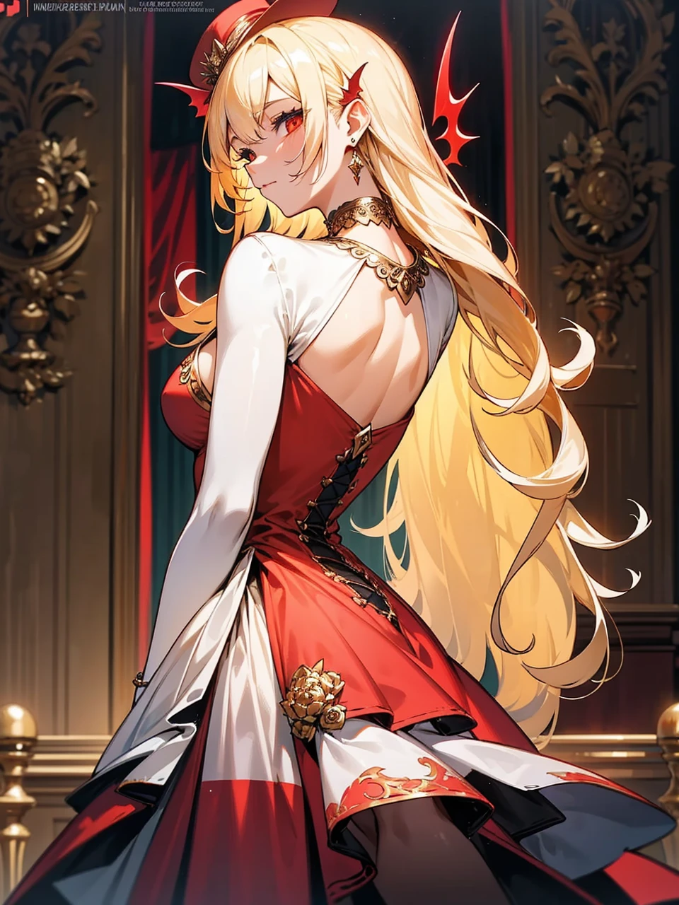 Add in roses to her dress, a good back dress design with some golden jewelry, make her dress into a red and white gown with a hat, give her some unique Jewelry, and make her look somewhat of a demonic angel like appearance to her