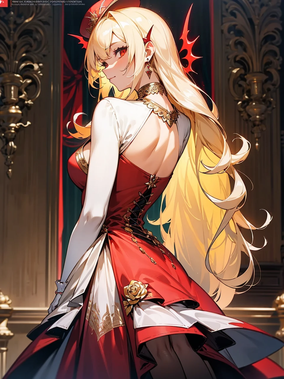 Add in roses to her dress, a good back dress design with some golden jewelry, make her dress into a red and white gown with a hat, give her some unique Jewelry, and make her look somewhat of a demonic angel like appearance to her