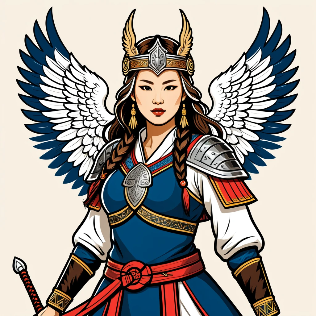 viking valkyrie in korean folk outfit, vector graphics, strong contours