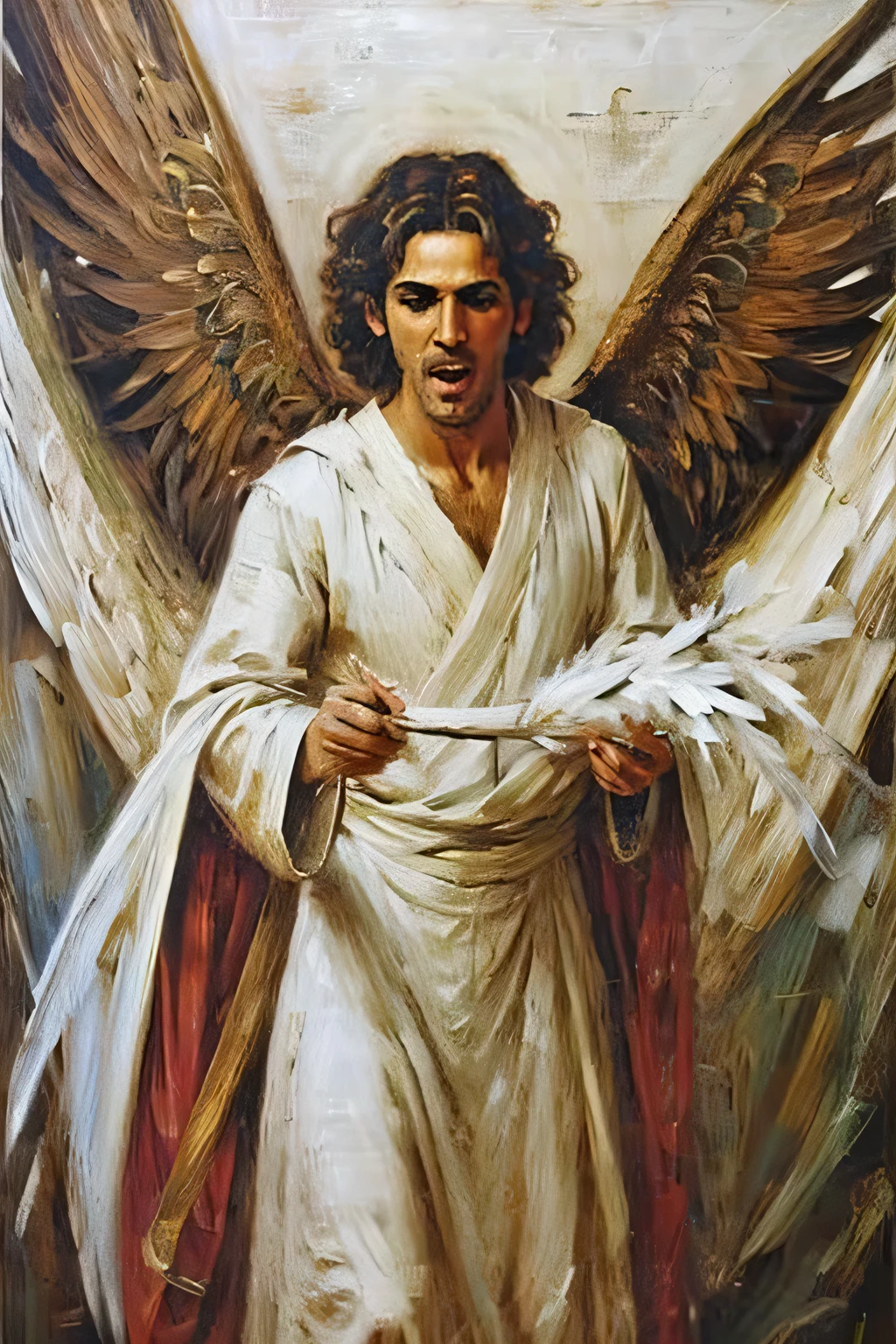 angel with big white feather, white greece cloth, open his mouth fight with dragon, high detailed, oil painting style