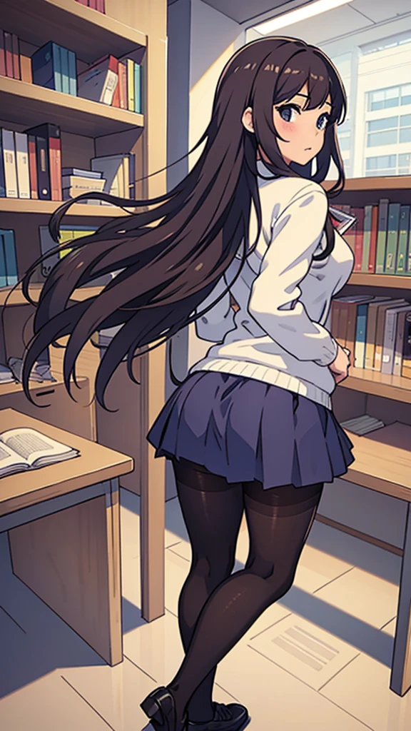 Back view,Pantyhose,high school girl,whole body,library,