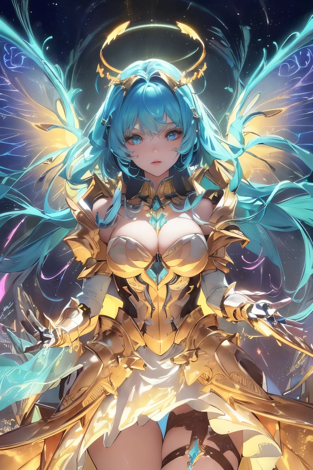 (best quality, masterpiece, colorful, dynamic angle, from below, highest detailed)upper body photo, full body photo, fashion photography of cute mechangel, glowing 4 wings, solo, glowing armor, glowing halo, building, glowing mechanical 4 wings (intricate details, hyperdetailed:1.15), detailed, light passing through hair, (official art, extreme detailed, highest detailed), HDR+