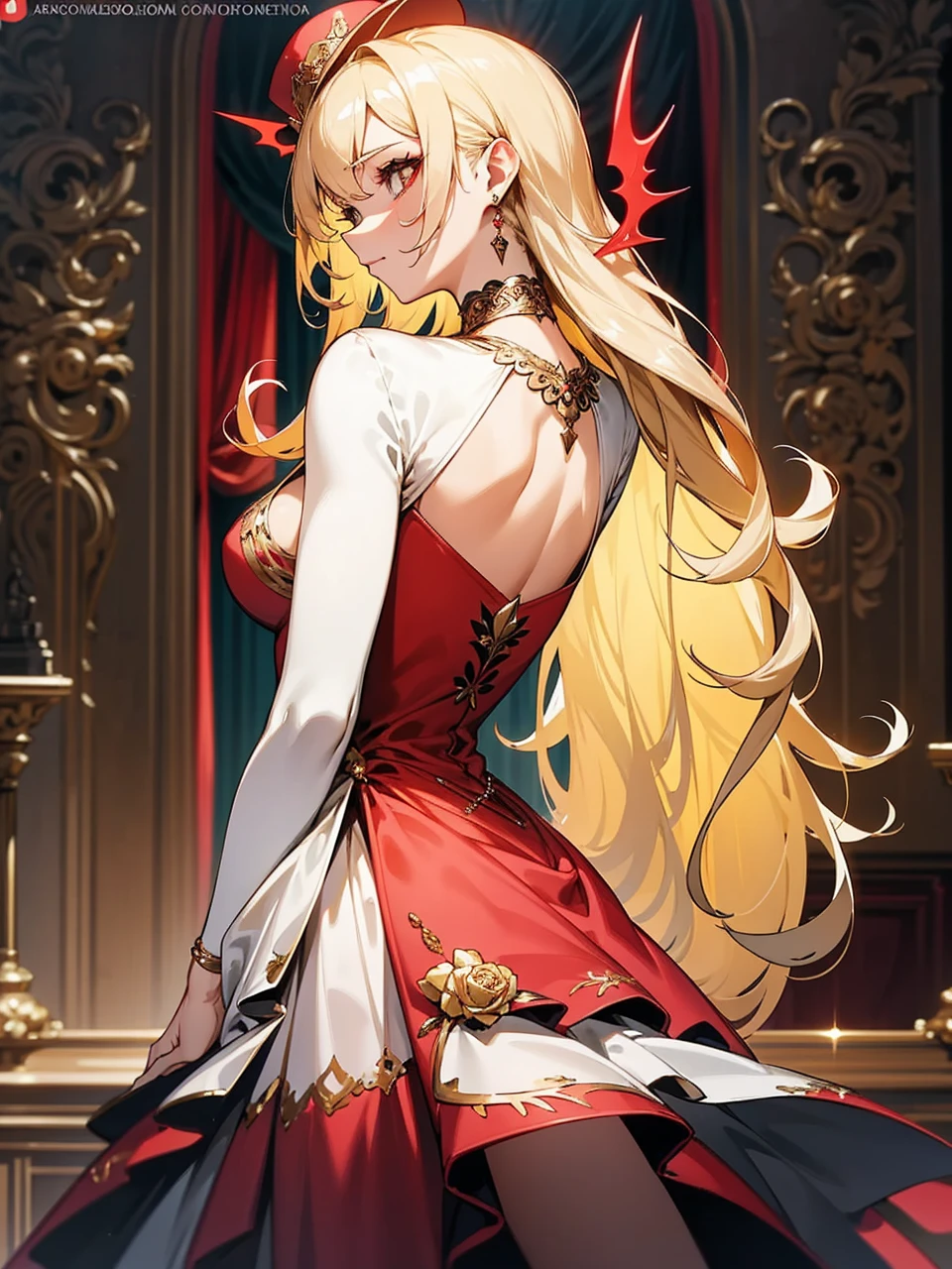 Add in roses to her dress, a good back dress design with some golden jewelry, make her dress into a red and white gown with a hat, give her some unique Jewelry, and make her look somewhat of a demonic angel like appearance to her