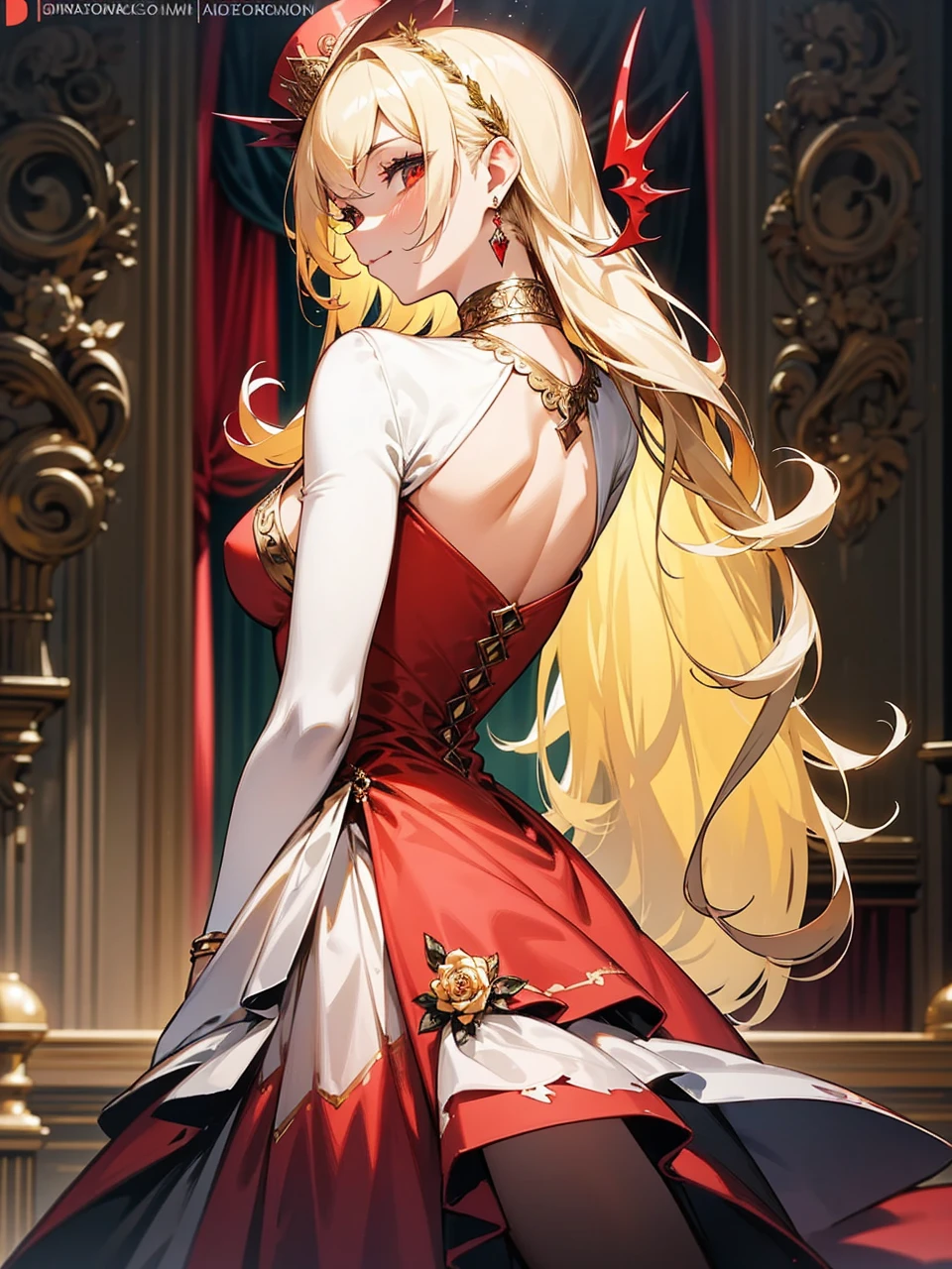 Add in roses to her dress, a good back dress design with some golden jewelry, make her dress into a red and white gown with a hat, give her some unique Jewelry, and make her look somewhat of a demonic angel like appearance to her