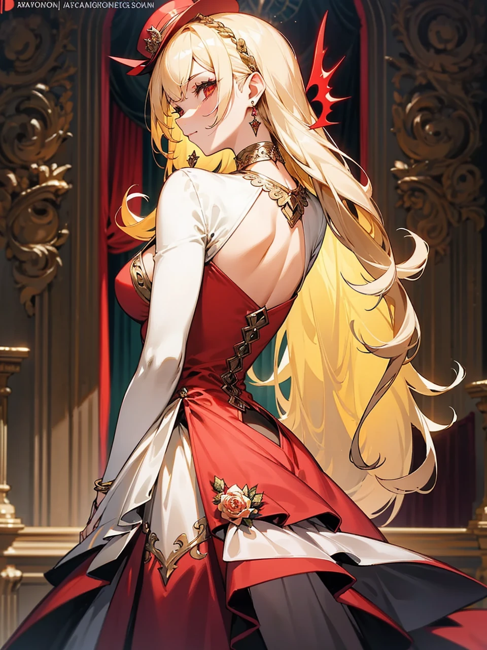 Add in roses to her dress, a good back dress design with some golden jewelry, make her dress into a red and white gown with a hat, give her some unique Jewelry, and make her look somewhat of a demonic angel like appearance to her