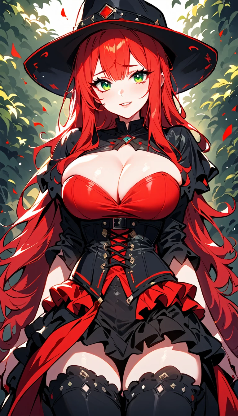 (high quality, 8k, 4K, high contrast, artwork:1.2, high quality, best aesthetics), (centered), ((1 woman)), erotic, sensual, mature body, super detailed, beautiful face detailed, beautiful eyes detailed, detailed beautiful mouth, perfect breats, perfect wide thighs, (red hair), (long red hair), (messy red hair), (green eyes), (gentle calm expression), (piercing gaze), (looking at viewer), (black cowboy hat), (red and black corset), (cleavage on the breasts), (long red and black ruffled skirt), (women's cowboy clothes), (standing), (front view)