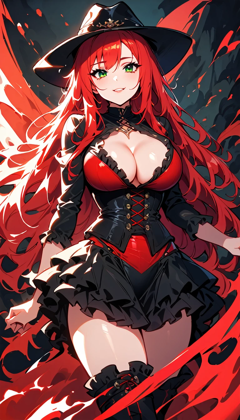 (high quality, 8k, 4K, high contrast, artwork:1.2, high quality, best aesthetics), (centered), ((1 woman)), erotic, sensual, mature body, super detailed, beautiful face detailed, beautiful eyes detailed, detailed beautiful mouth, perfect breats, perfect wide thighs, (red hair), (long red hair), (messy red hair), (green eyes), (gentle calm expression), (piercing gaze), (looking at viewer), (black cowboy hat), (red and black corset), (cleavage on the breasts), (long red and black ruffled skirt), (women's cowboy clothes), (standing), (front view)