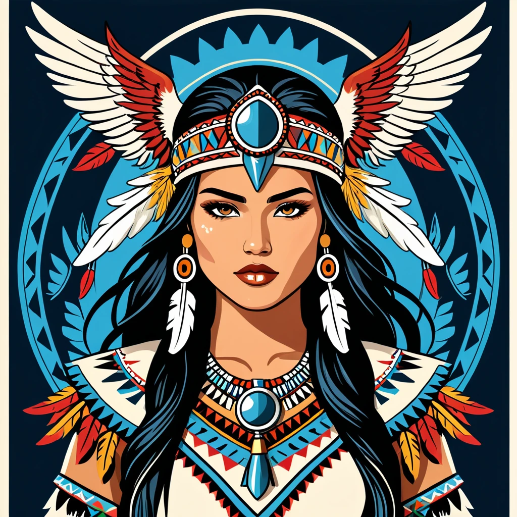 female daemon in native american folk outfit ,vector graphics, strong contours, logo design
