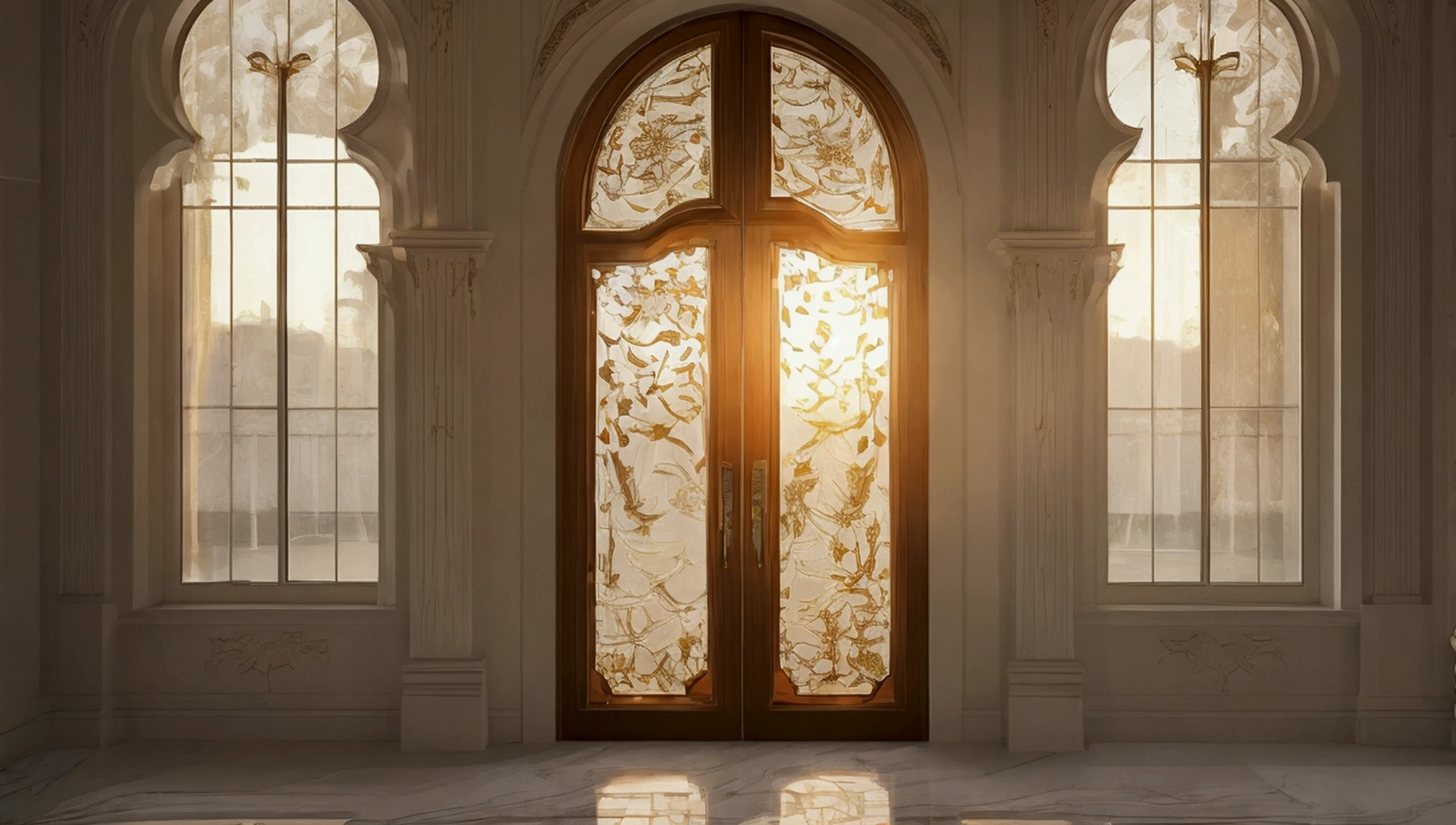 a beautiful detailed ornate modern interior, interior door, 85mm f1.8 portrait lens, photo realistic, hyperrealistic, super detailed, intricate design, dramatic sunset lighting, high dynamic range, (best quality,4k,8k,highres,masterpiece:1.2),ultra-detailed,(realistic,photorealistic,photo-realistic:1.37)