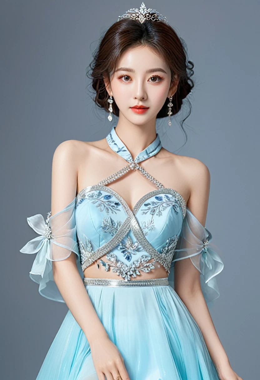 Realistic photo style, whole body 사진에 아름다운 아시아 소녀가 등장합니다., Wearing a unique ethnic style evening gown with delicate skin., bright and lively eyes, Thick eyelashes that look especially attractive. Long dresses are slim and elegant., Eye-catching silver jewelry and alcohol. The high-collar design adds an elegant atmosphere., Color of blue and white porcelain. using light and shadow, The vivid and harmonious appearance of the protagonist is highlighted... whole body, (masterpiece, best quality, professional, perfect composition, very aesthetic, absurd, very detailed, intricate details:1.3)