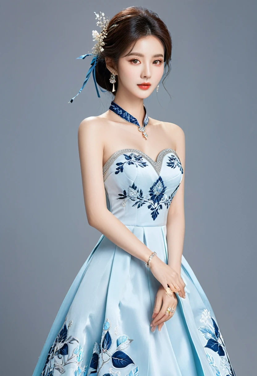 Realistic photo style, whole body 사진에 아름다운 아시아 소녀가 등장합니다., Wearing a unique ethnic style evening gown with delicate skin., bright and lively eyes, Thick eyelashes that look especially attractive. Long dresses are slim and elegant., Eye-catching silver jewelry and alcohol. The high-collar design adds an elegant atmosphere., Color of blue and white porcelain. using light and shadow, The vivid and harmonious appearance of the protagonist is highlighted... whole body, (masterpiece, best quality, professional, perfect composition, very aesthetic, absurd, very detailed, intricate details:1.3)