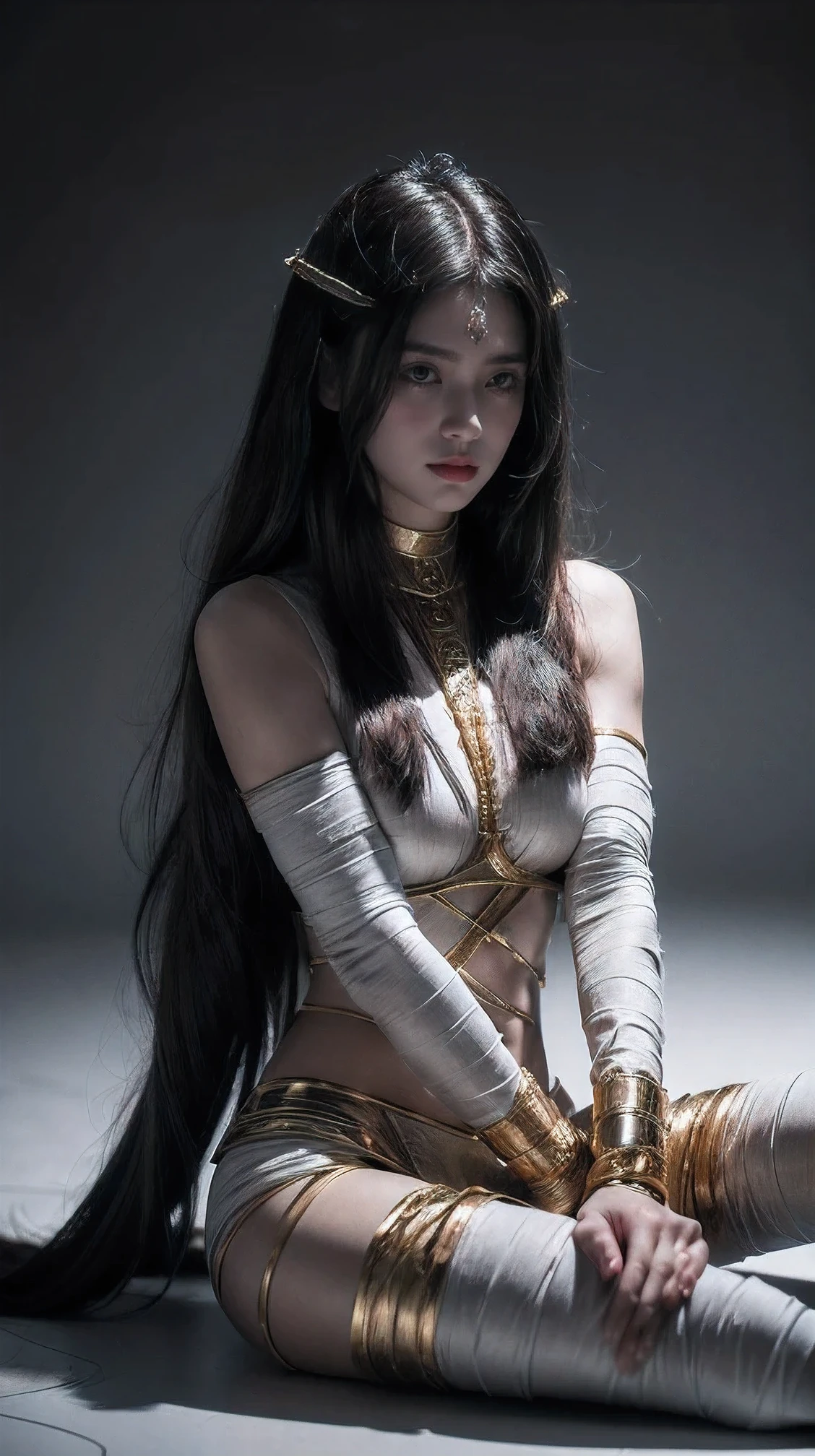 a close up of a woman in a costume sitting on a floor, wrapped arms, mummy portrait, magali villeneuve', photo of ghost of anubis, inspired by Magali Villeneuve, mark brooks detailed, style of raymond swanland, mummified in bandages, by Donato Giancola, inspired by Donato Giancola