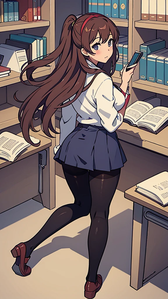 Back view,Pantyhose,high school girl,whole body,library,