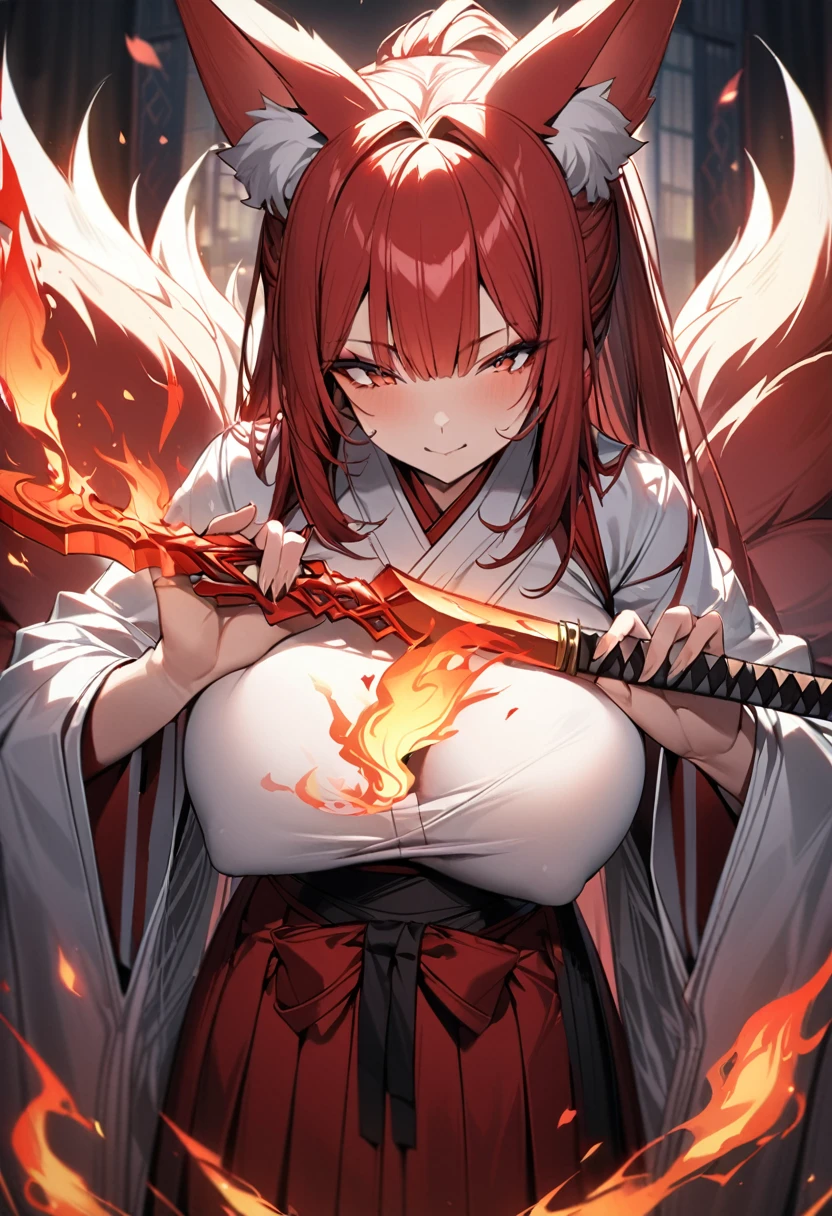 4K masterpiece High brightness crimson hair Very long ponytail Bangs down Mature woman Very large bust Huge breasts Exposed hakama Fox ears and nine fox tails of the same color as the hair Burning sword、Sword、He is wearing a five-fingered flame and is holding a Japanese sword.