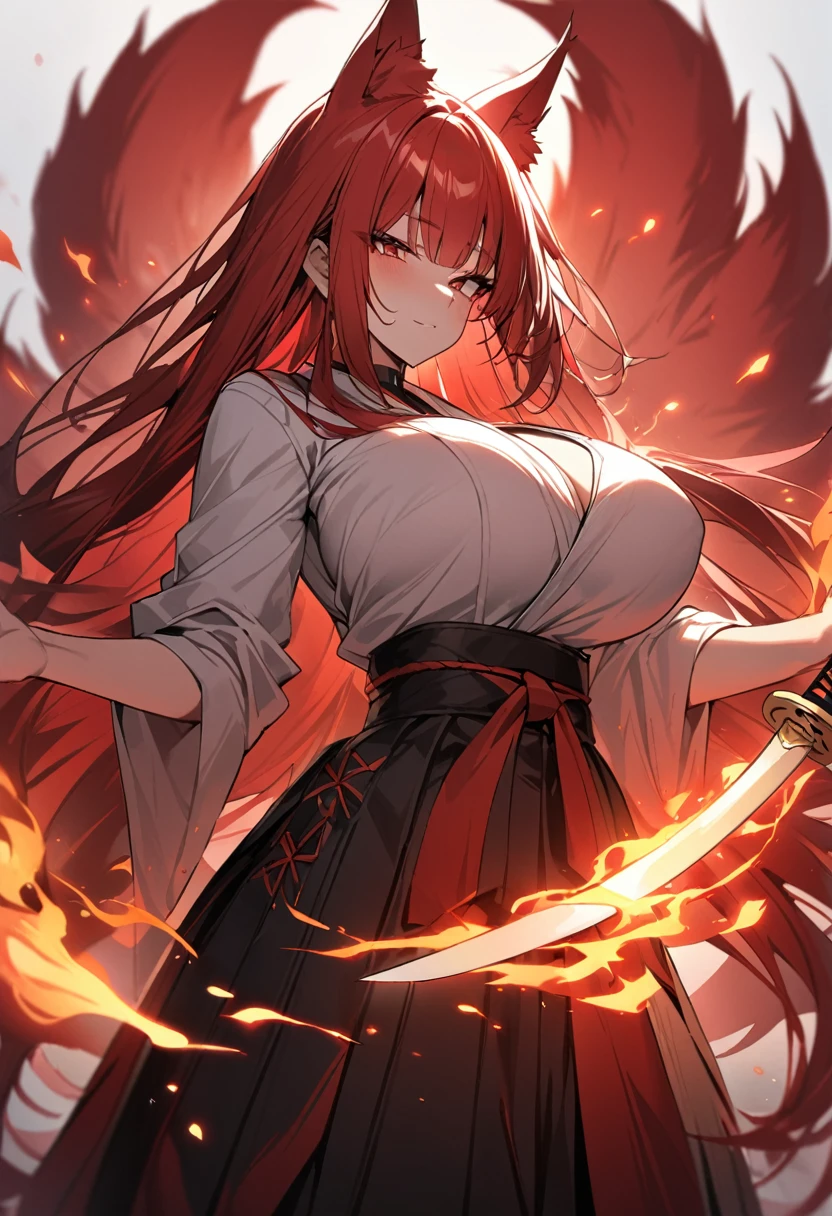 4K masterpiece High brightness crimson hair Very long ponytail Bangs down Mature woman Very large bust Huge breasts Exposed hakama Fox ears and nine fox tails of the same color as the hair Burning sword、Sword、He is wearing a five-fingered flame and is holding a Japanese sword.
