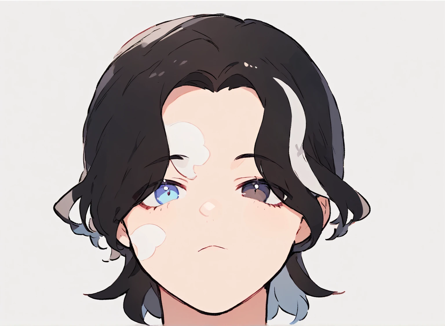 Chibi anime style illustration of a 25-year-old male character, front-facing portrait, inspired by Demon Slayer. He has black hair with a few white streaks, white spots on his skin, and heterochromatic eyes: the right eye is white and the left eye is black. The character should have the distinct chibi proportions and expressive features typical of Demon Slayer's chibi transformations, with only the head draw