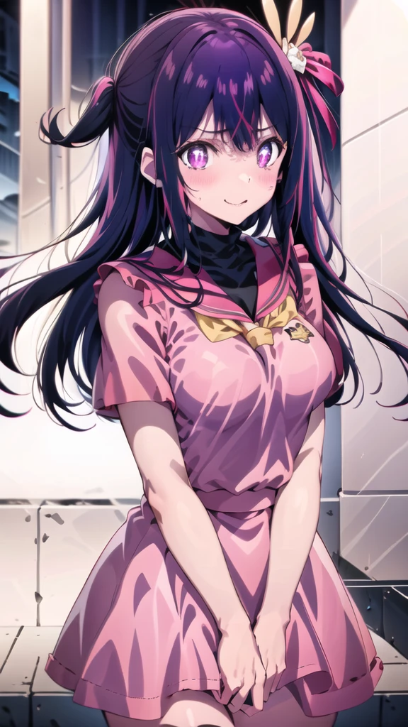 alone, hoshinoai, (masterpiece:1.2, expensive quality), (Pixiv:1.4), (One girl:1.2), (alone:1.2), Moderate_face, black + expensive_ponytail, Blunt bangs, red + length_eye, 笑face, Light_face, Large Breasts, Narrow waist, Wide pelvis, texpensive gaps, (Seraphim, Sailor collar, tie), single_Earin, Are standing, Are standing straight, (whole body), (Blurred Background), ((Pink Dress, Pink Skirt)),