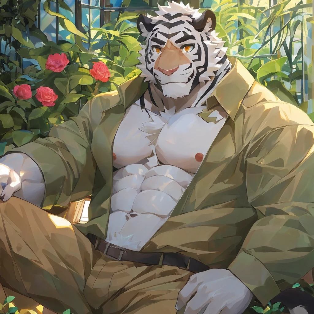 masterpiece,best quality,greenhouse,Sunlight,Flowers,plant,Male focus,Tiger-type orcs,(Athletic:1.5), (White fur,Black eyebrows:1.5), Amber delicate eyes,Five fingers,Strong body,Pectoralis major,Eight-pack abs,Showing chest muscles,Transparent raincoat,Smirk,Big crotch