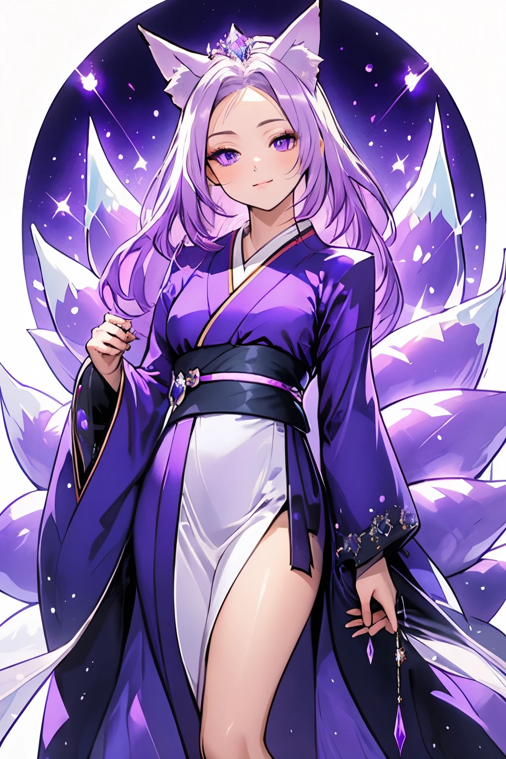 ((best quality)), ((masterpiece)), (detailed), detailed eyes, detailed hands, full-length body image, female humanoid kitsune, wearing a short kimono, crystal crown on top of her head, light purple hair, light purple fox ears, 2 purple crystal fox tails, 1 crystal eight-pointed star shape on forehead, delicate and beautiful detailing, beautiful face, well-proportioned detailed purple eyes, round detailed purple eyes and makeup, beautiful detailed and clear purple eyes, volume smooth and sharp, long flat bangs, fictional art, best photos, best quality, very beautiful and meticulous eight-pointed crystal star on forehead, delicate, mouth closed smile, not fully smiling